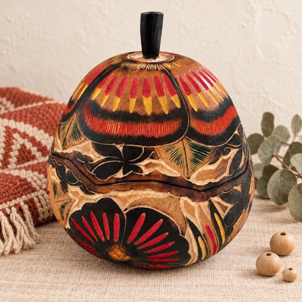 CIAP Peru Hand Carved Gourd Box Flowers Birds Butterflies Folk Art Hinged Lid 5”